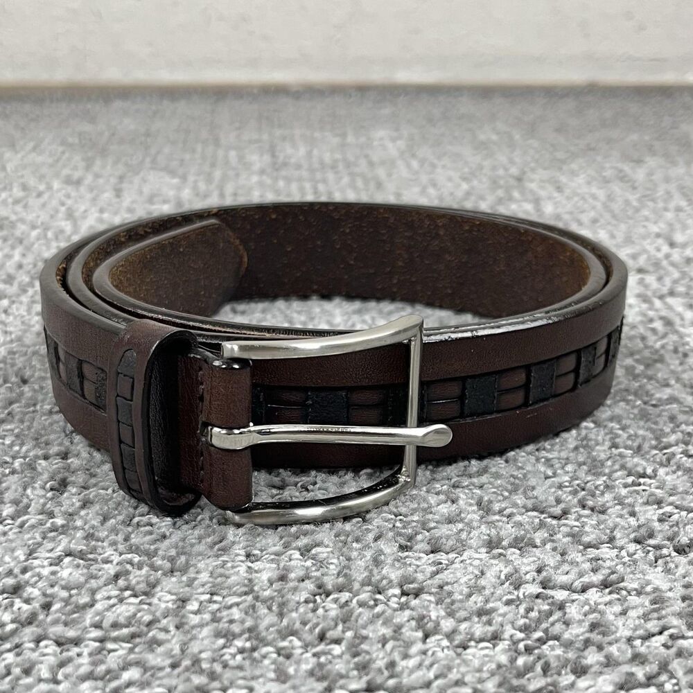 Trafalgar Belt Mens 38 Brown Leather Braided Woven Geometric Buckle Adjustable